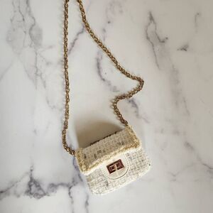 Girls Mini Tweed ivory fabric crossbody gold chain purse coco